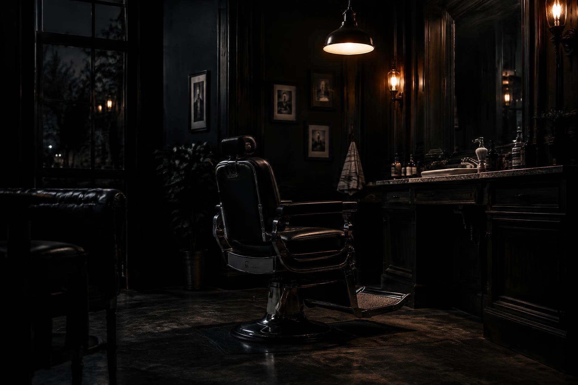 Dark barbershop interior with a single lit barber chair
