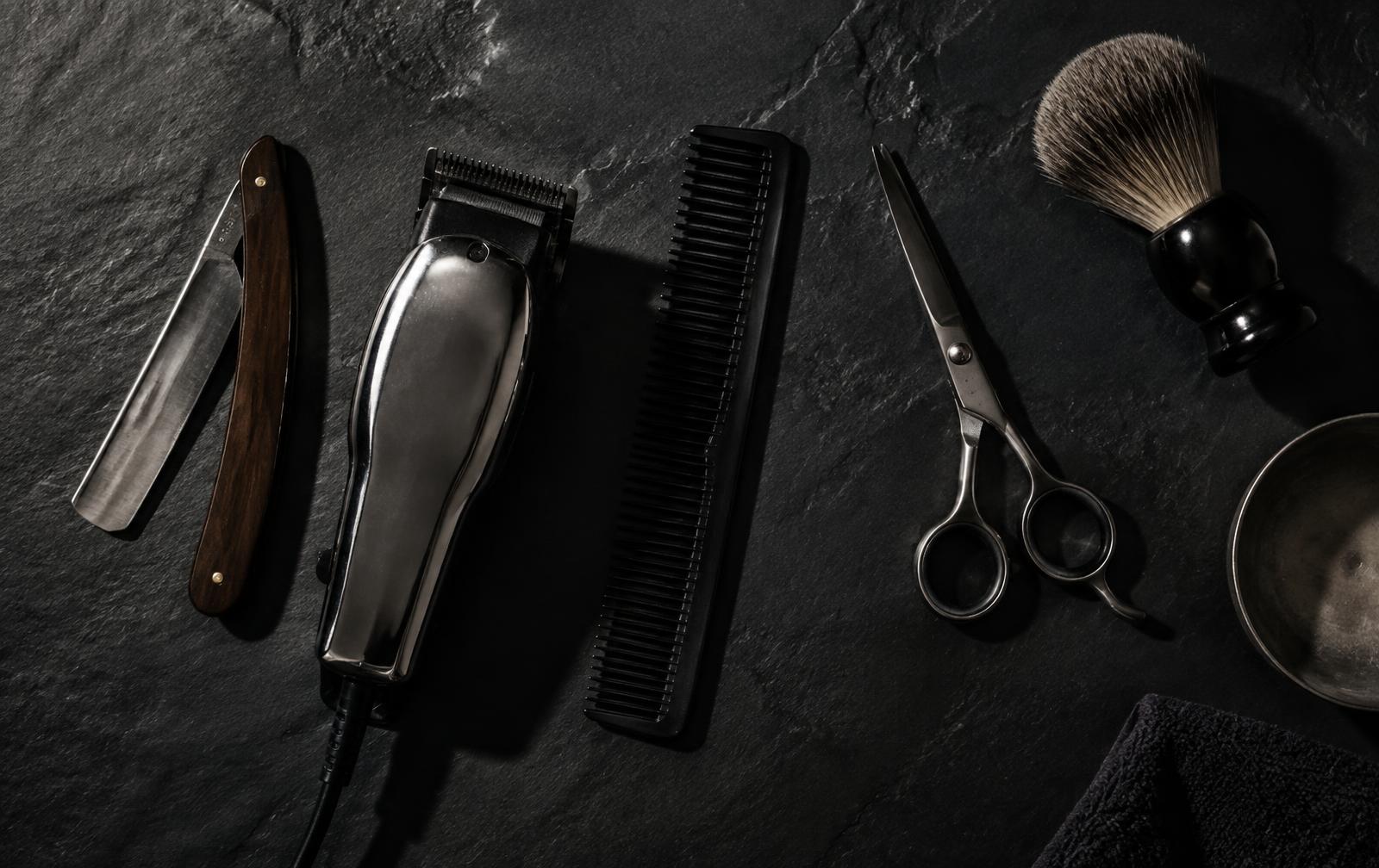 Barbering tools laid out on dark slate